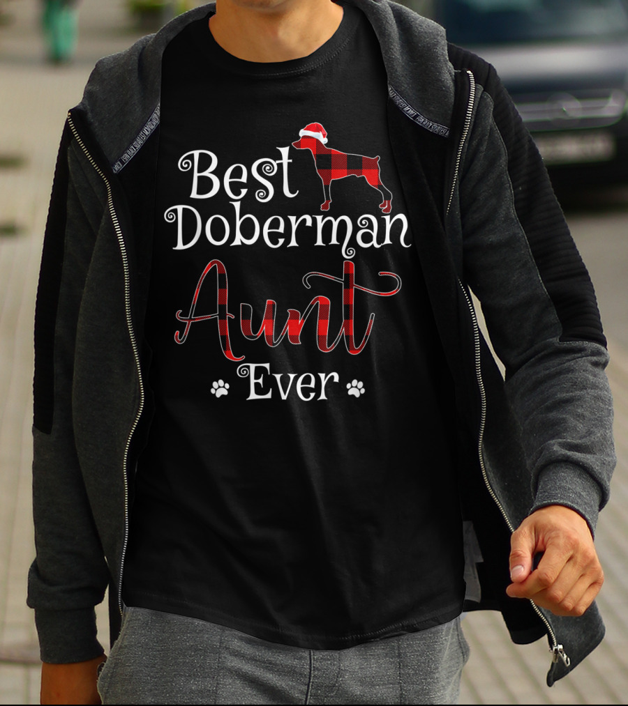 Best Doberman Aunt Ever Plaid Santa Hat Paw Prints T-Shirt
