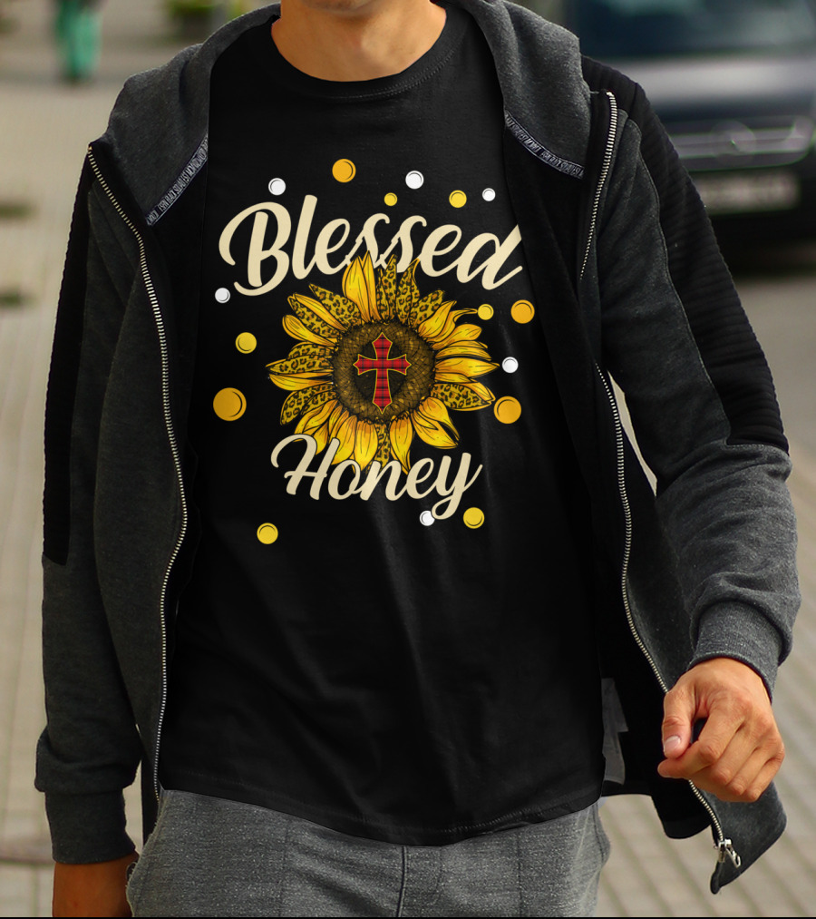 Blessed Honey Sunflower With Cross And Polka Dots T-Shirt