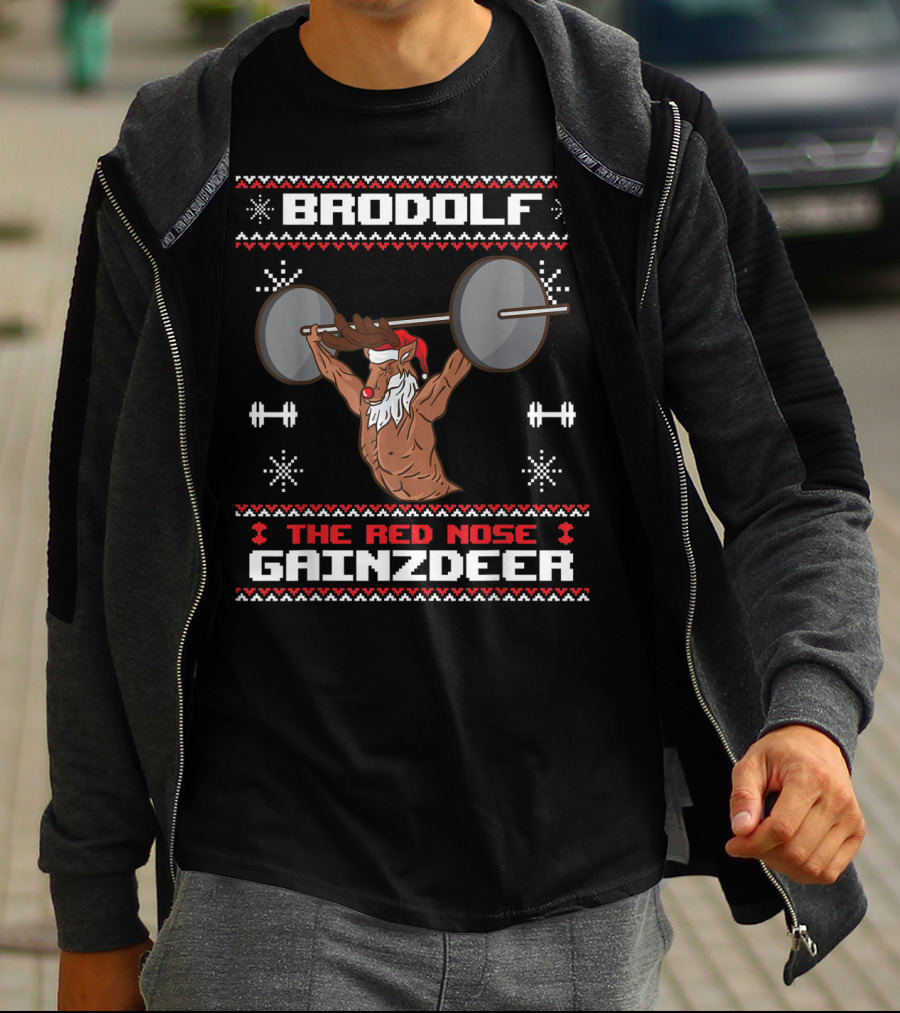 Brodolf The Red Nose Gainzdeer Lifting Weights Gym Holiday T-Shirt