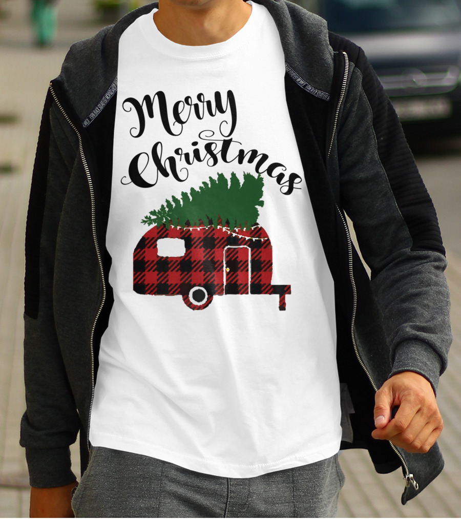 Merry Christmas Buffalo Plaid Camper With Tree T-Shirt
