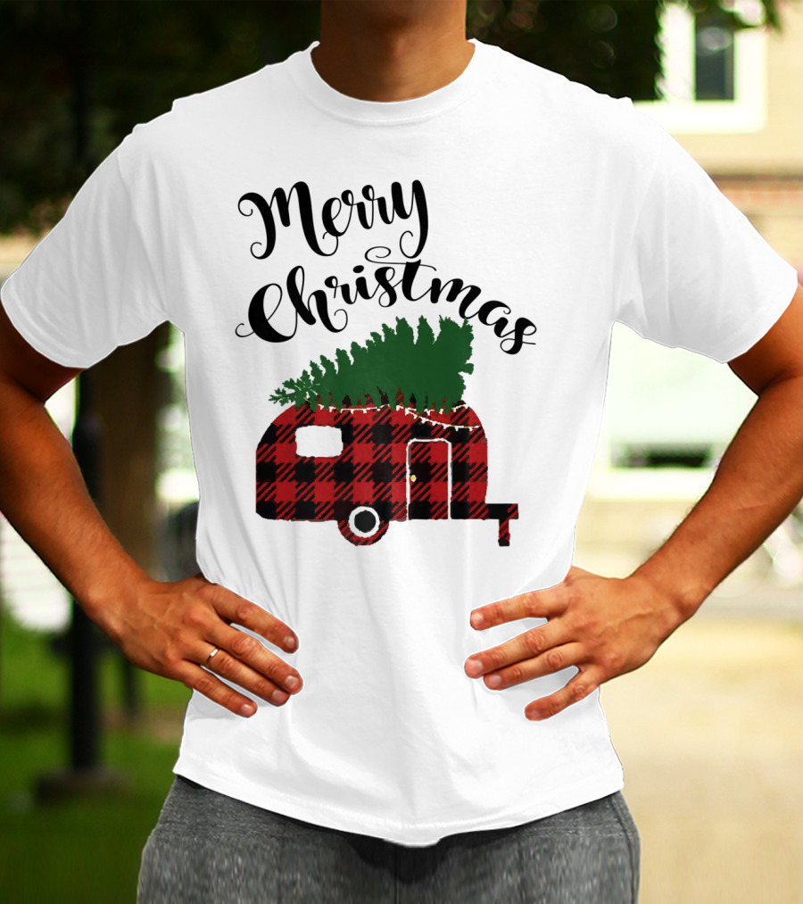 Merry Christmas Buffalo Plaid Camper With Tree T-Shirt
