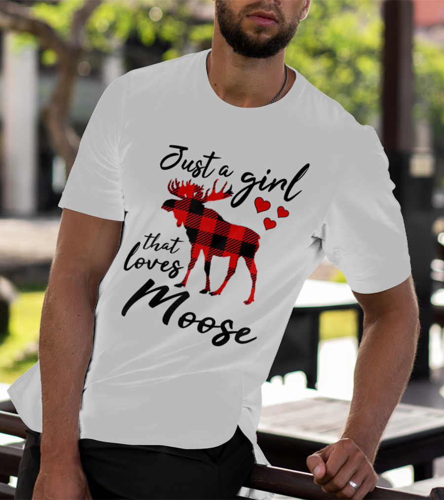 Just A Girl That Loves Moose Buffalo Plaid Hearts T-Shirt