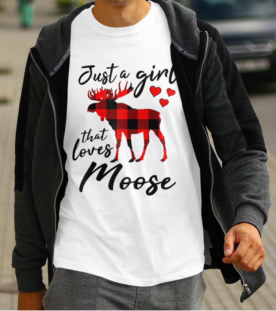 Just A Girl That Loves Moose Buffalo Plaid Hearts T-Shirt