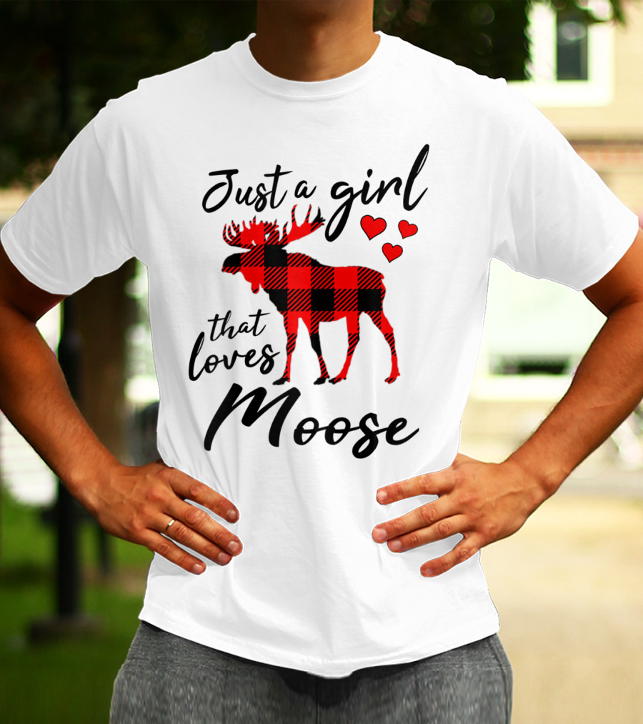 Just A Girl That Loves Moose Buffalo Plaid Hearts T-Shirt