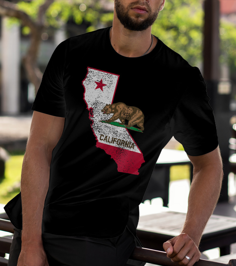 California Flag Bear And Star On State Outline T-Shirt