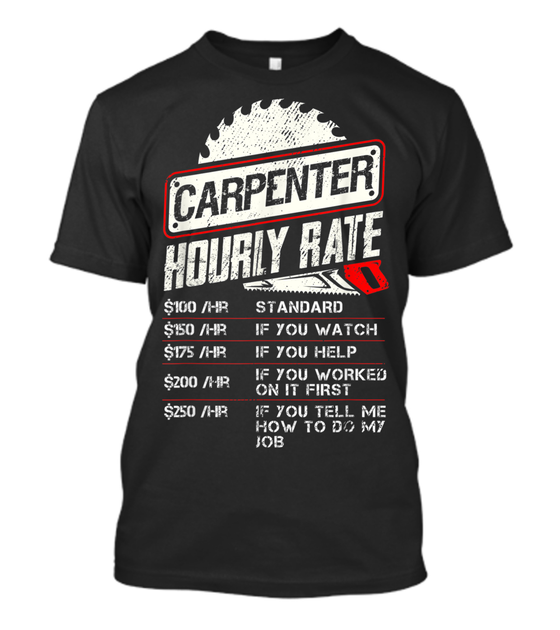 Carpenter Hourly Rate Saw Blade Woodworking Humor Ranking Jobs Pay Rates T-Shirt
