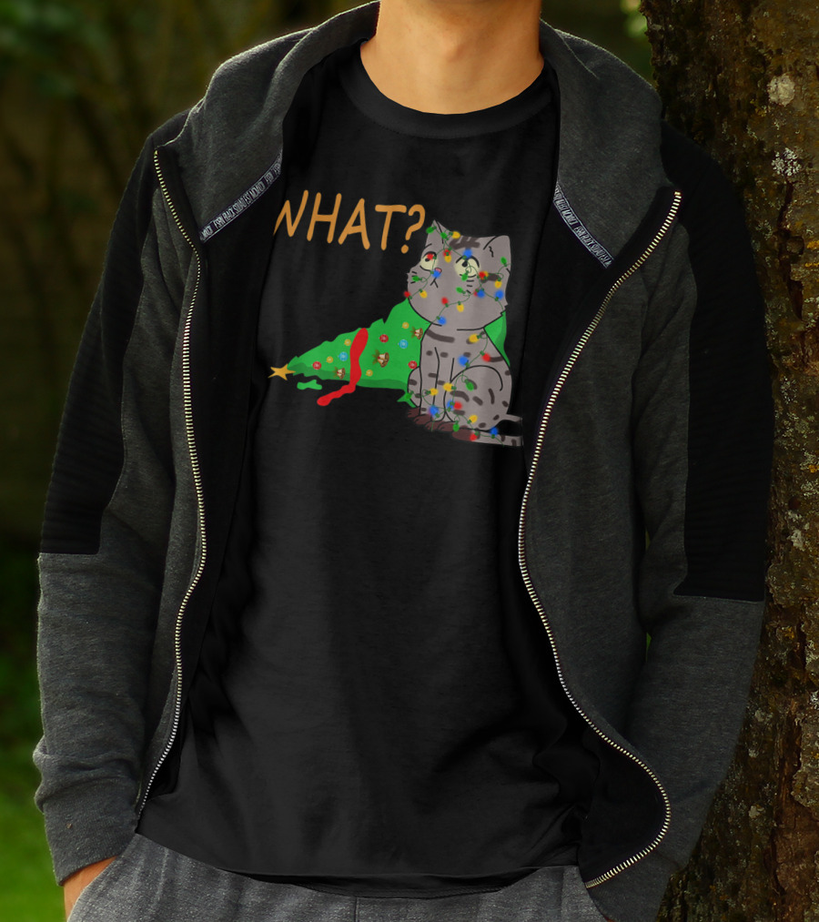 WHAT Funny Black Cat Christmas Tree T-Shirt