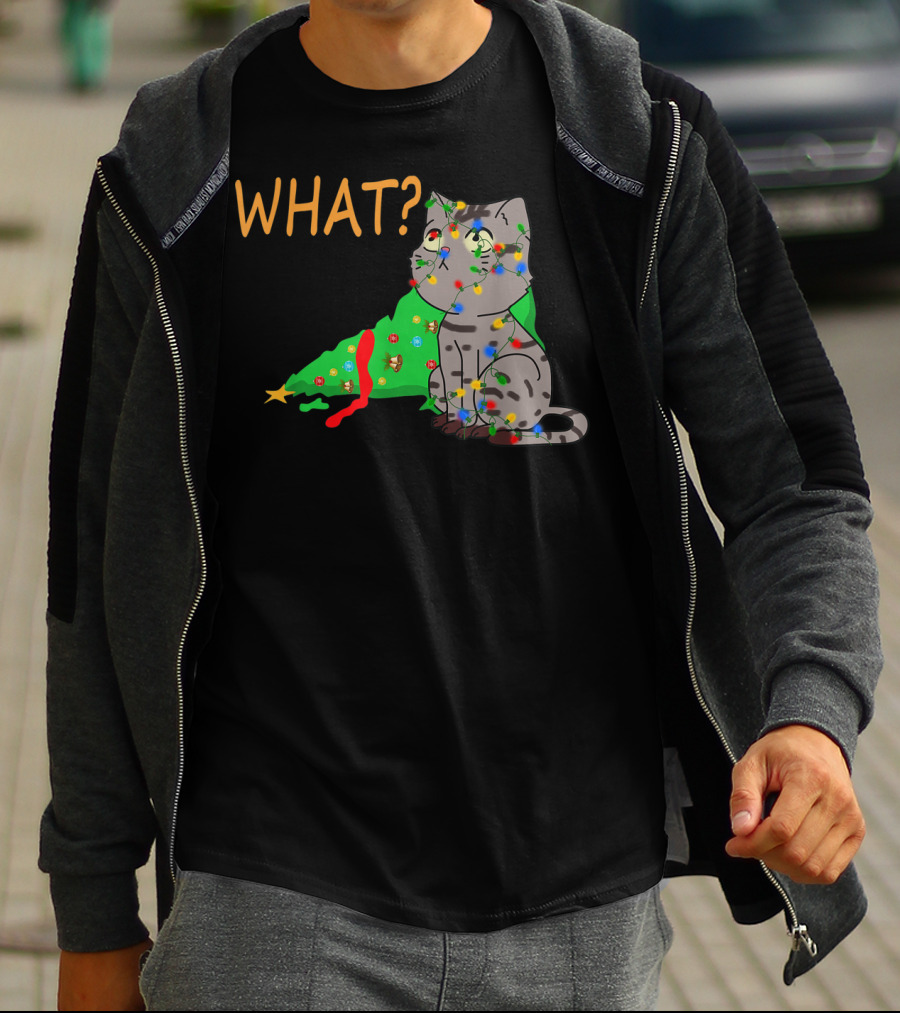 WHAT Funny Black Cat Christmas Tree T-Shirt