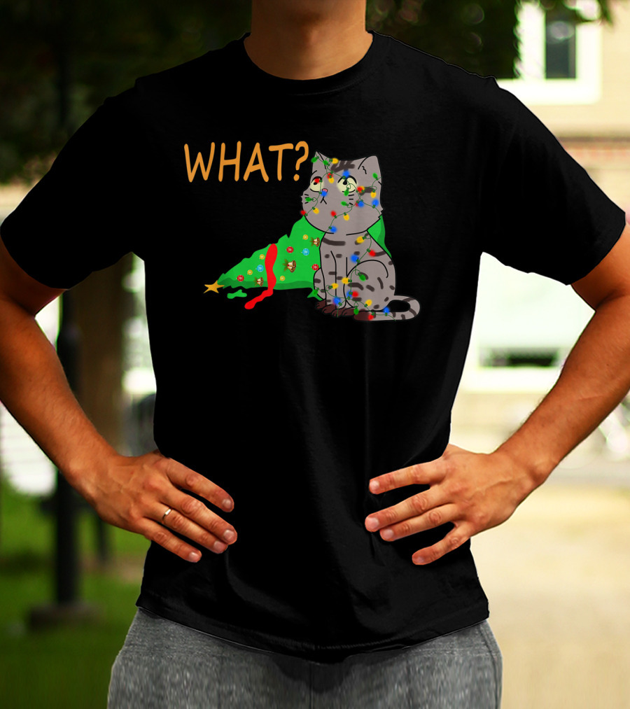 WHAT Funny Black Cat Christmas Tree T-Shirt