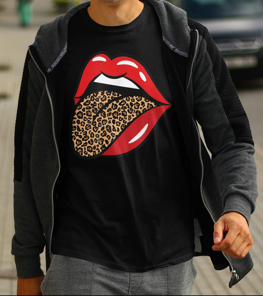 Chic Red Lips Leopard Print Tongue Rock Roll T-Shirt