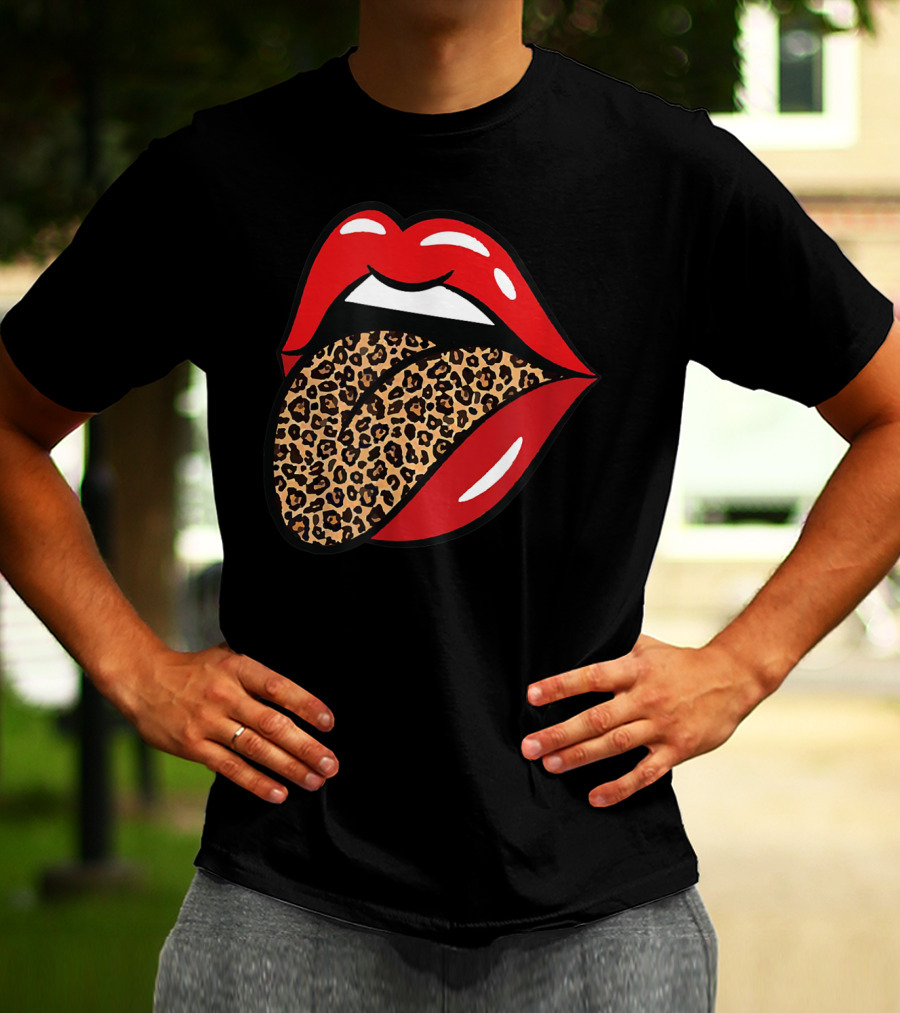 Chic Red Lips Leopard Print Tongue Rock Roll T-Shirt