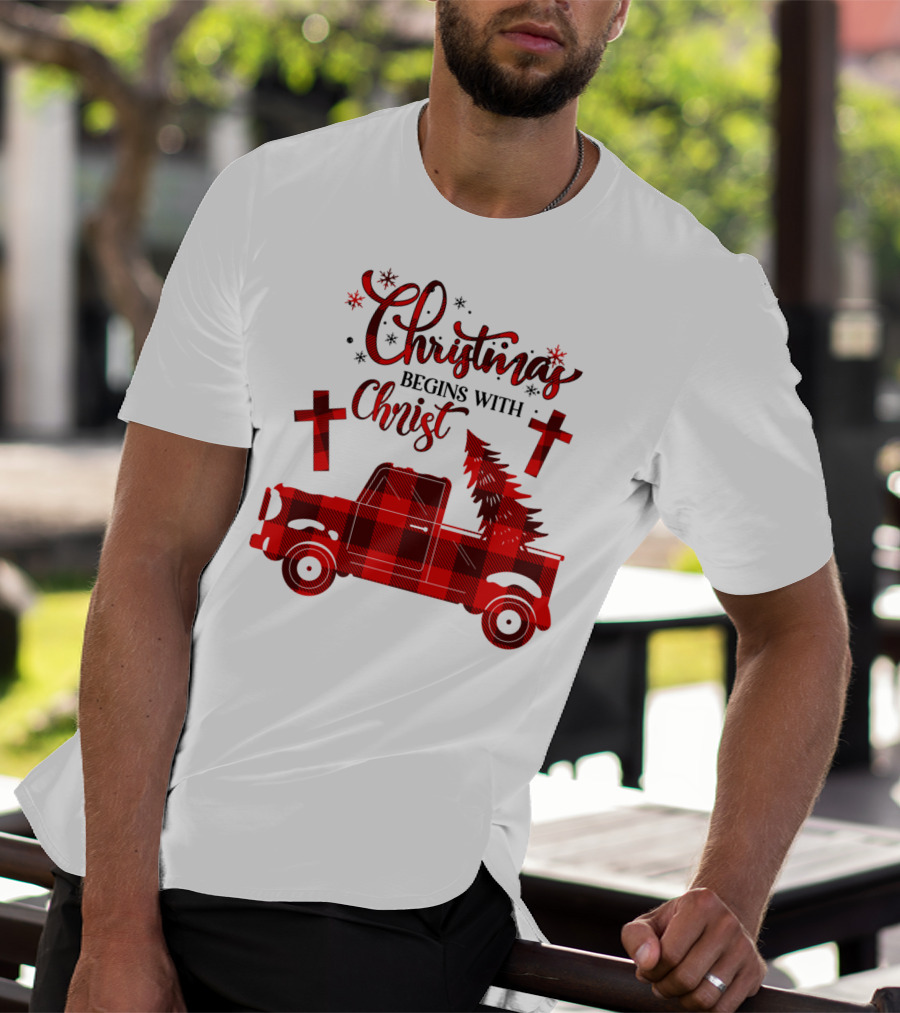 Christmas Begins With Christ Buffalo Plaid Red Truck With Tree And Crosses T-Shirt