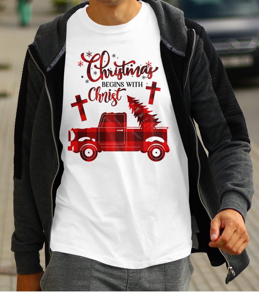 Christmas Begins With Christ Buffalo Plaid Red Truck With Tree And Crosses T-Shirt