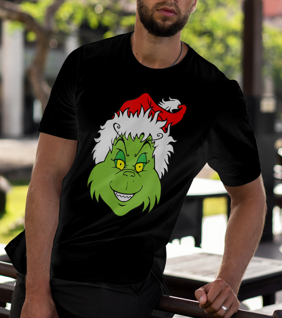 Grinch Christmas Face Santa Hat Smile T-Shirt