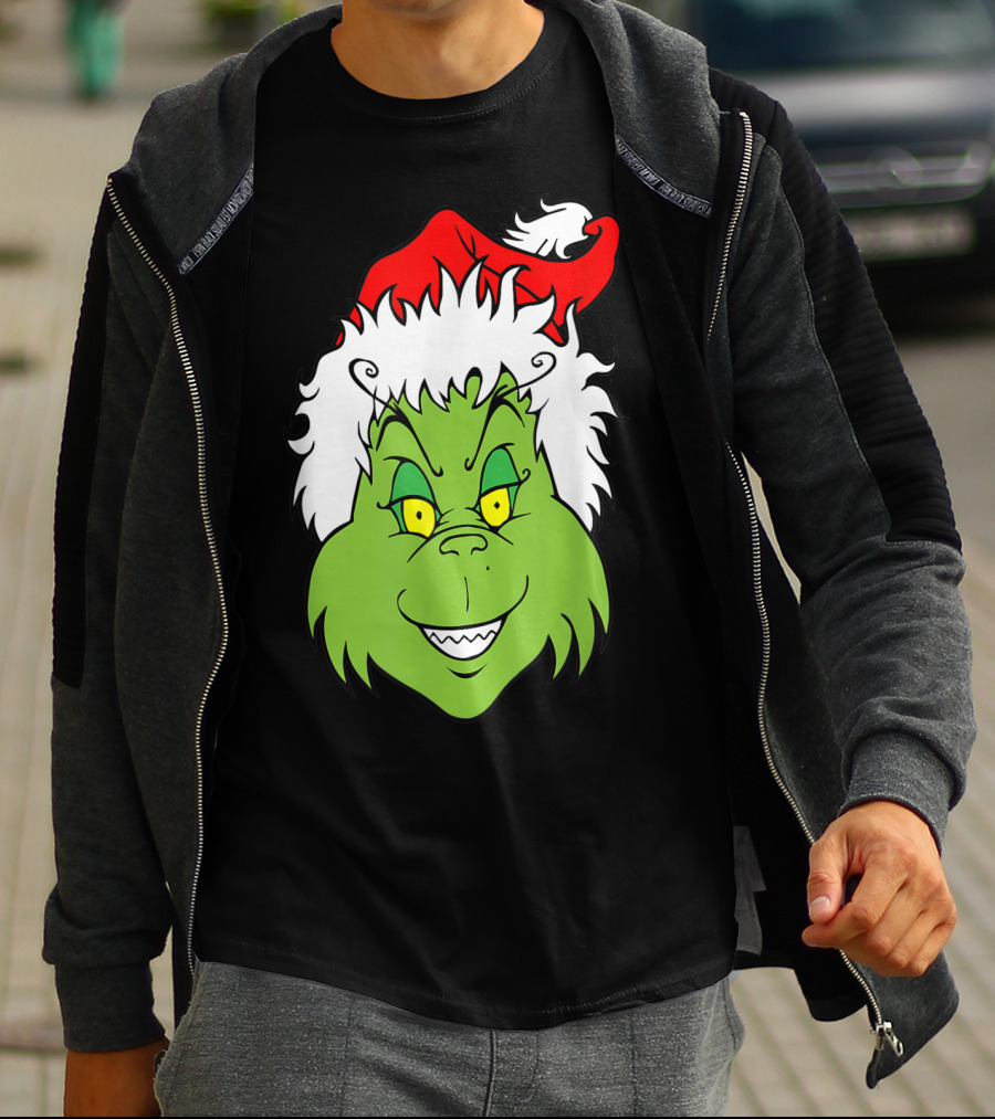 Grinch Christmas Face Santa Hat Smile T-Shirt