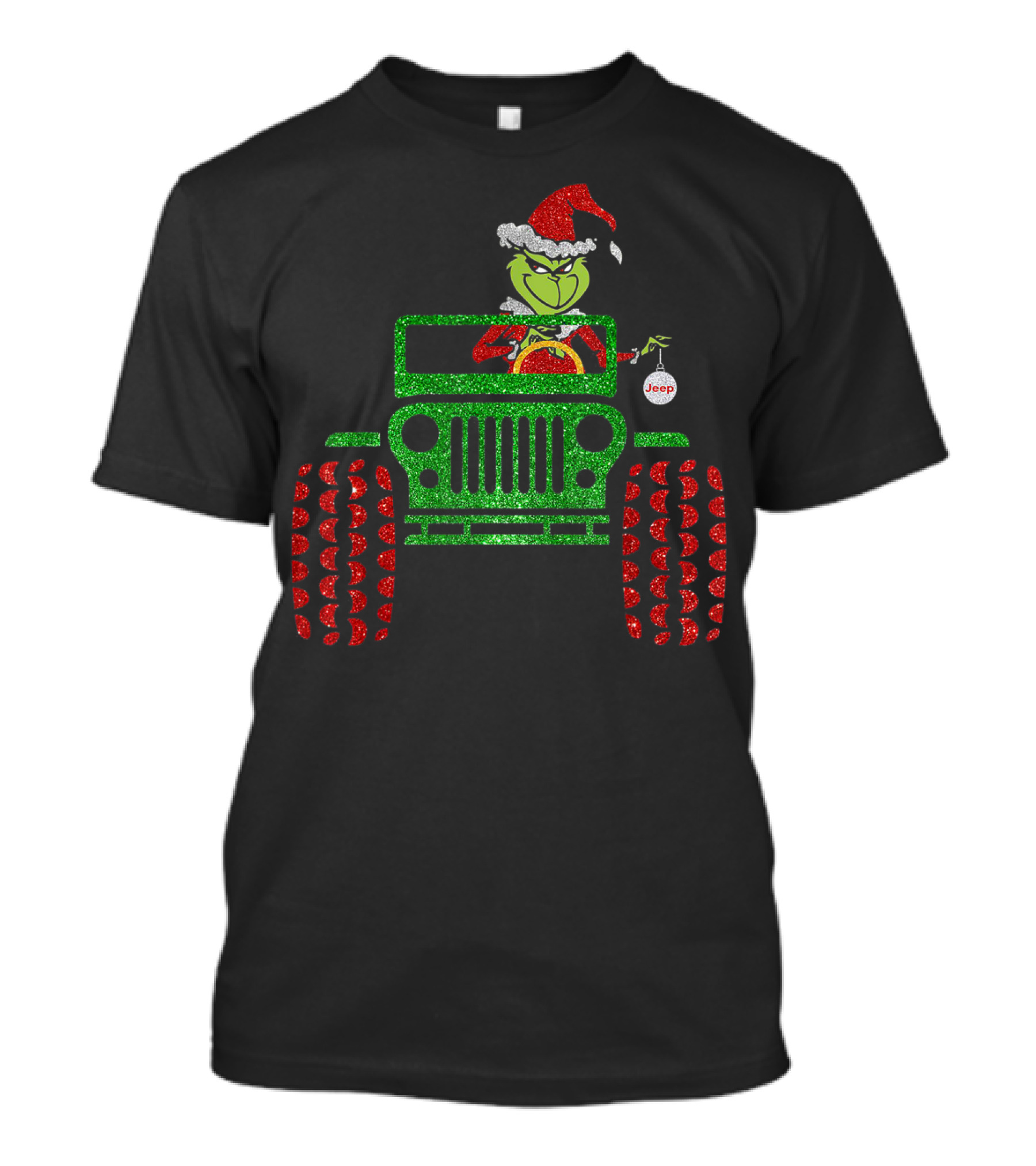 Christmas Grinch Driving Jeep Santa Hat Red Green Glitter Style Jeep T-Shirt