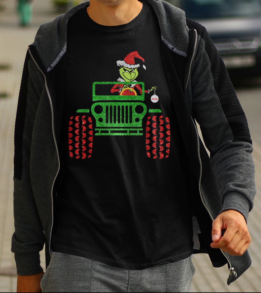 Christmas Grinch Driving Jeep Santa Hat Red Green Glitter Style Jeep T-Shirt