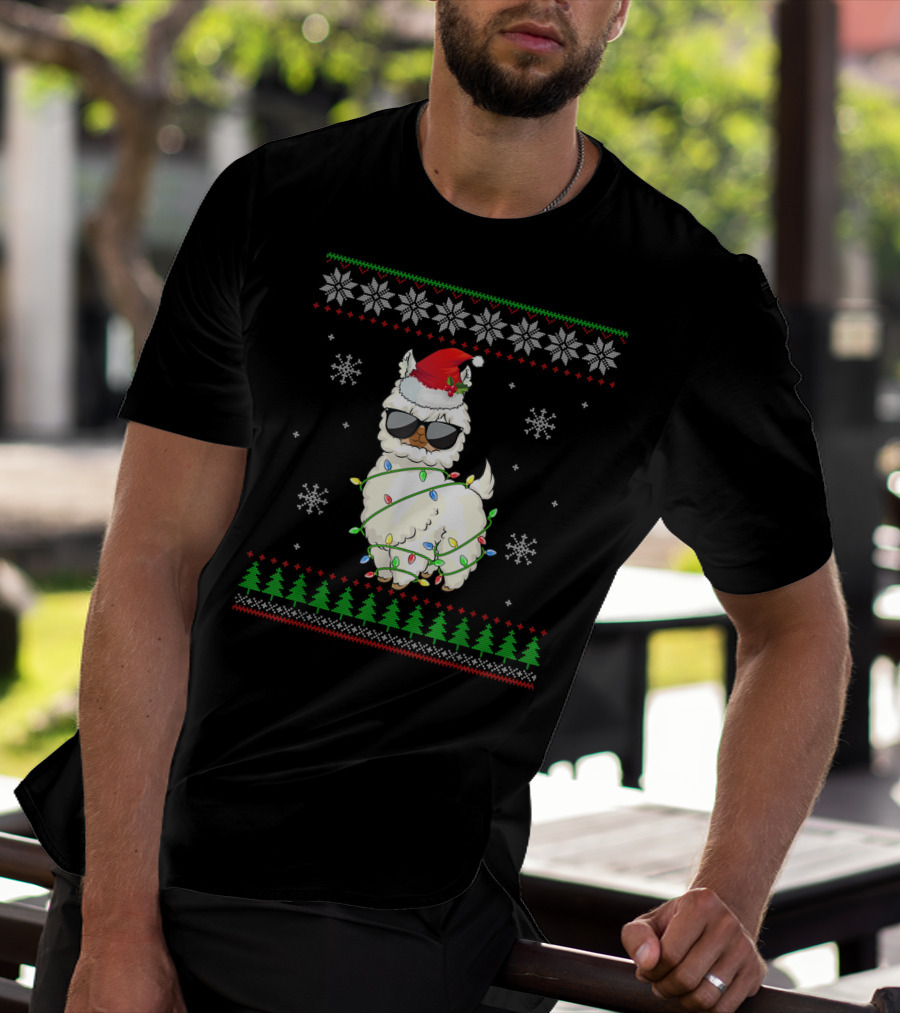 Santa Hat Sunglasses Llama Wrapped In Christmas Lights With Snowflakes And Trees T-Shirt