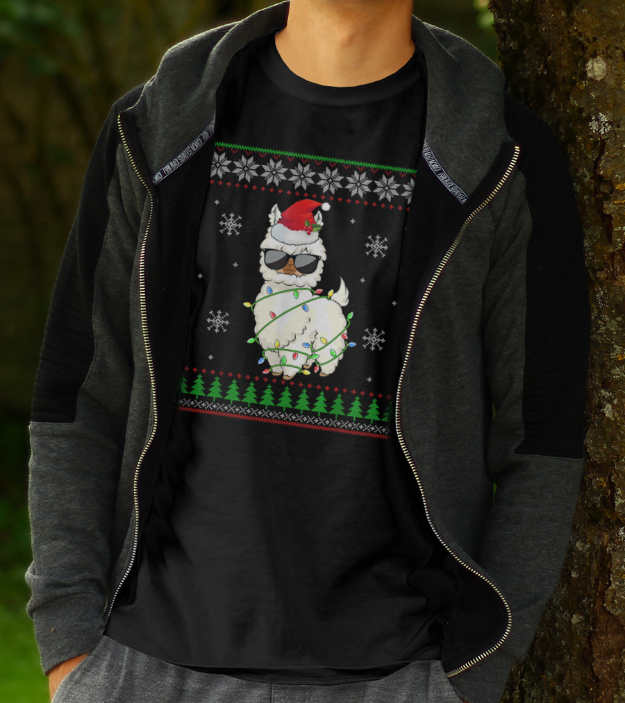 Santa Hat Sunglasses Llama Wrapped In Christmas Lights With Snowflakes And Trees T-Shirt