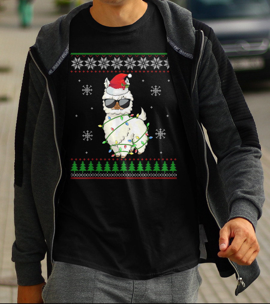 Santa Hat Sunglasses Llama Wrapped In Christmas Lights With Snowflakes And Trees T-Shirt