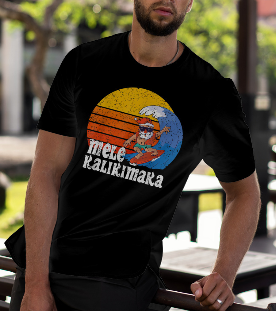 Mele Kalikimaka Surfing Santa Sunset Wave T-Shirt