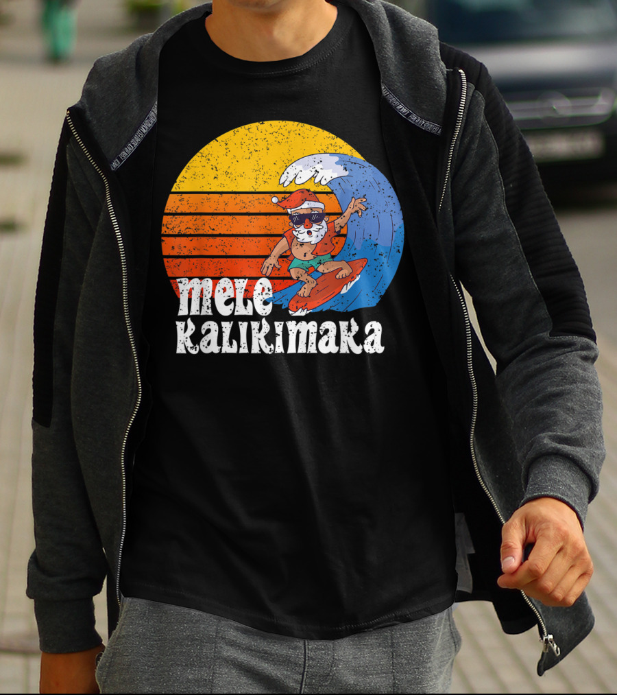 Mele Kalikimaka Surfing Santa Sunset Wave T-Shirt