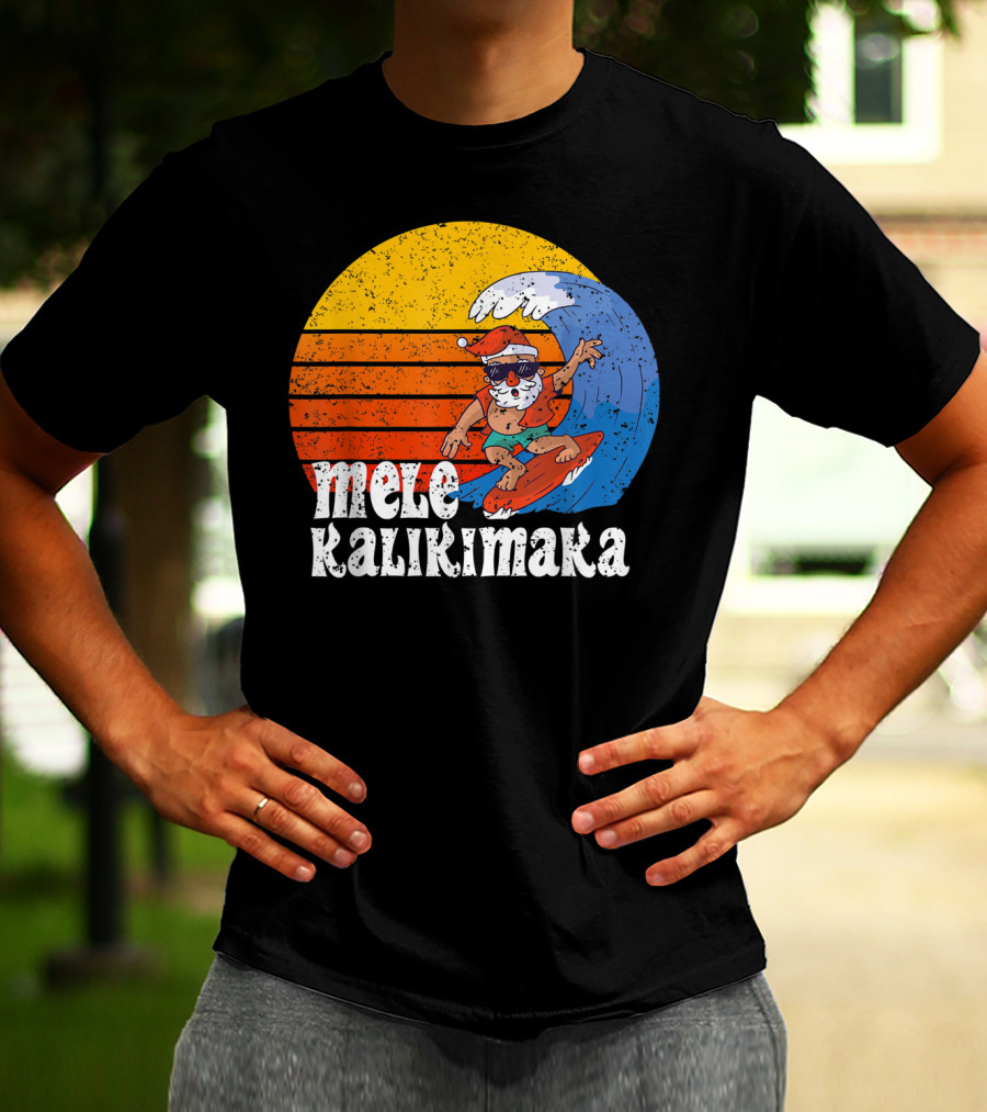 Mele Kalikimaka Surfing Santa Sunset Wave T-Shirt