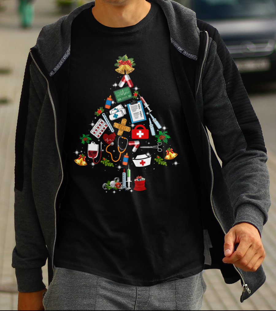 Christmas Tree Medical Tools Funny Nurse Stethoscope And Pills T-Shirt