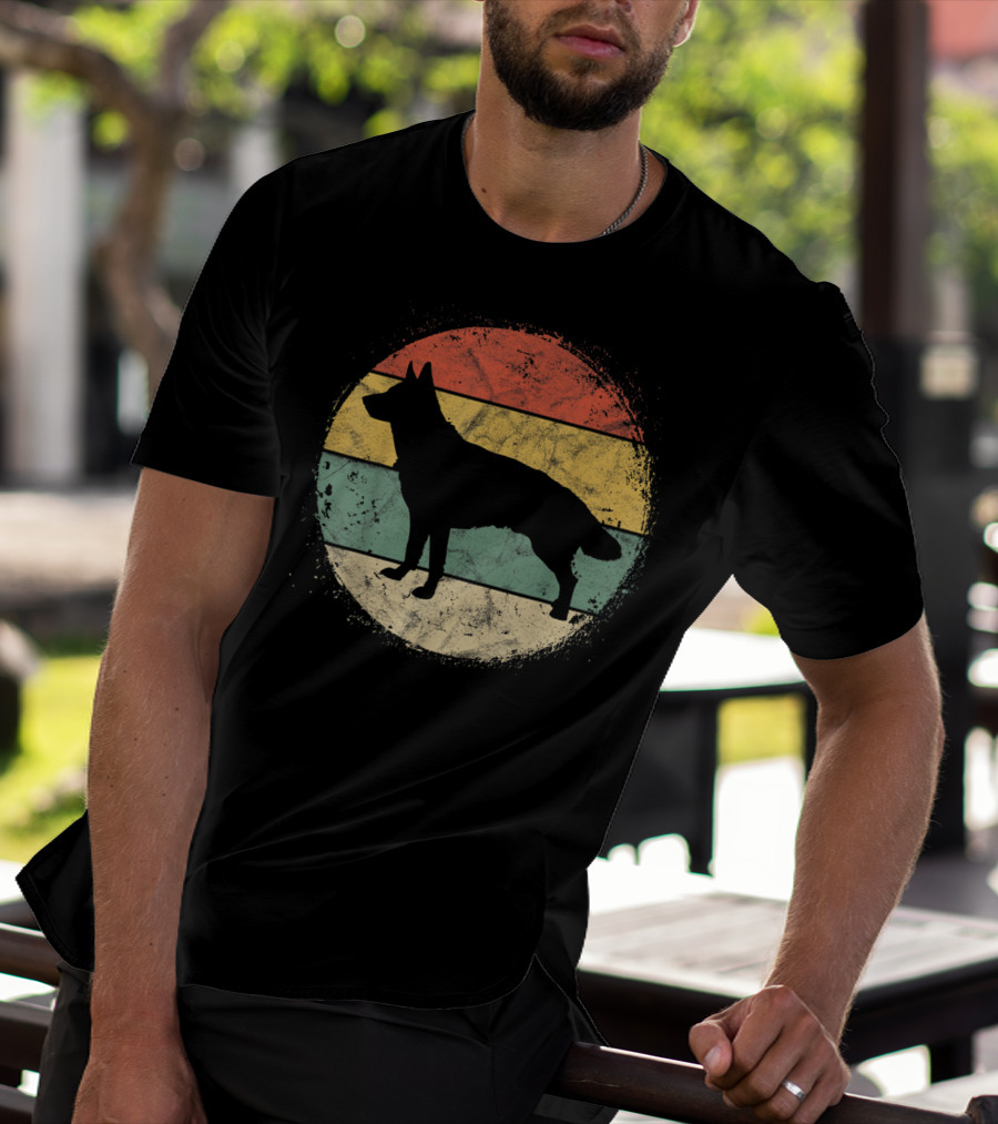 Vintage Circular German Shepherd Silhouette Retro Stripes T-Shirt
