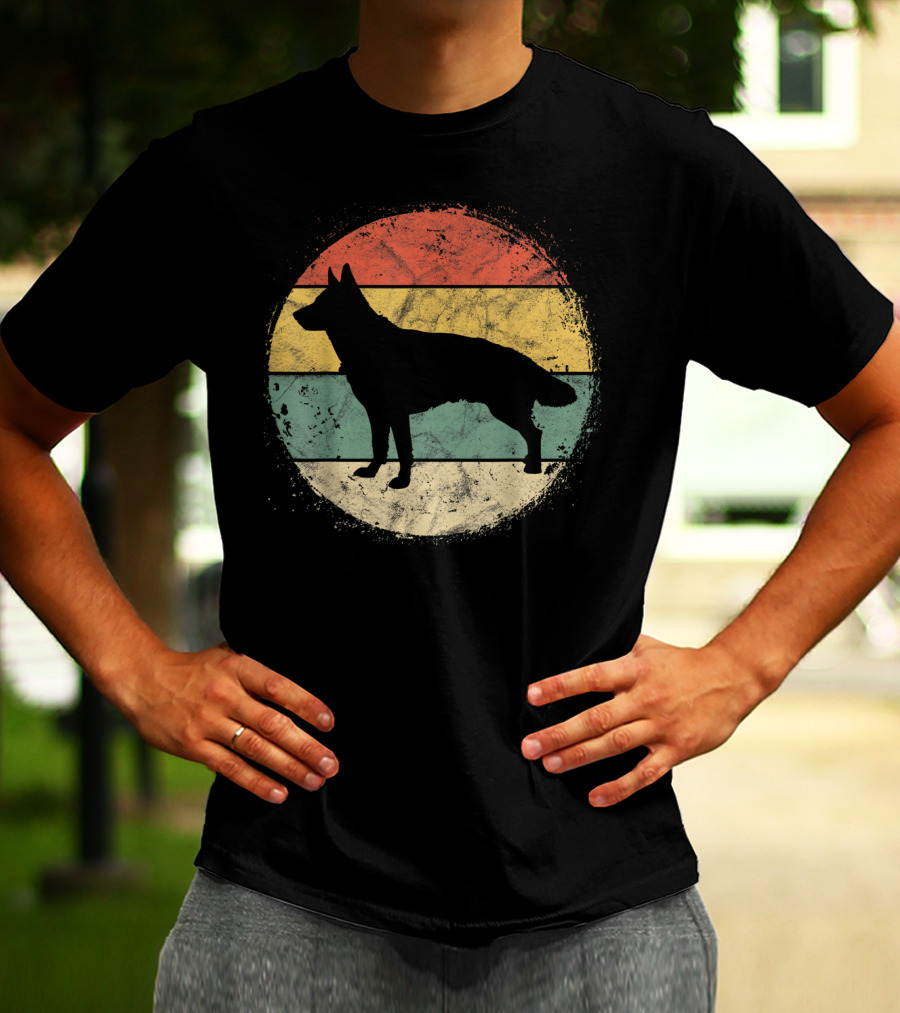 Vintage Circular German Shepherd Silhouette Retro Stripes T-Shirt