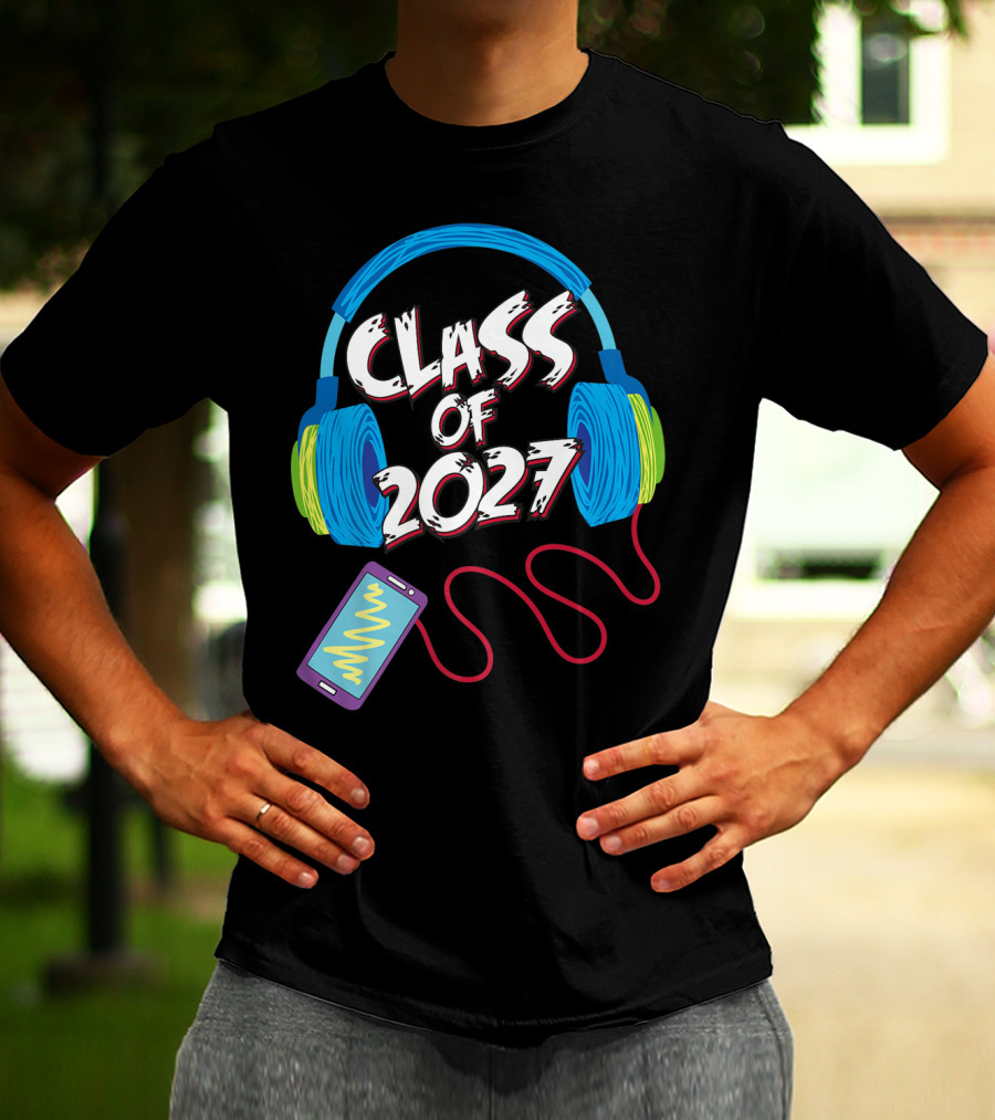 Class Of 2027 Headphones Smartphone 5th Grade Boy Girl T-Shirt