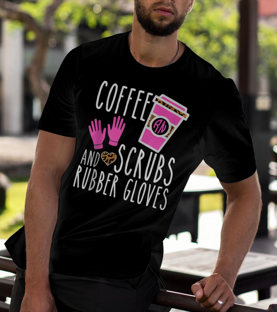 Coffee Scrubs And Rubber Gloves RN Pink Leopard Heart Nursing T-Shirt