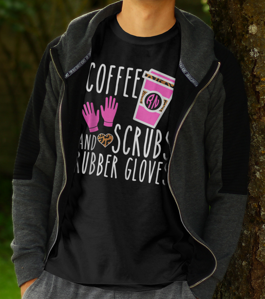 Coffee Scrubs And Rubber Gloves RN Pink Leopard Heart Nursing T-Shirt