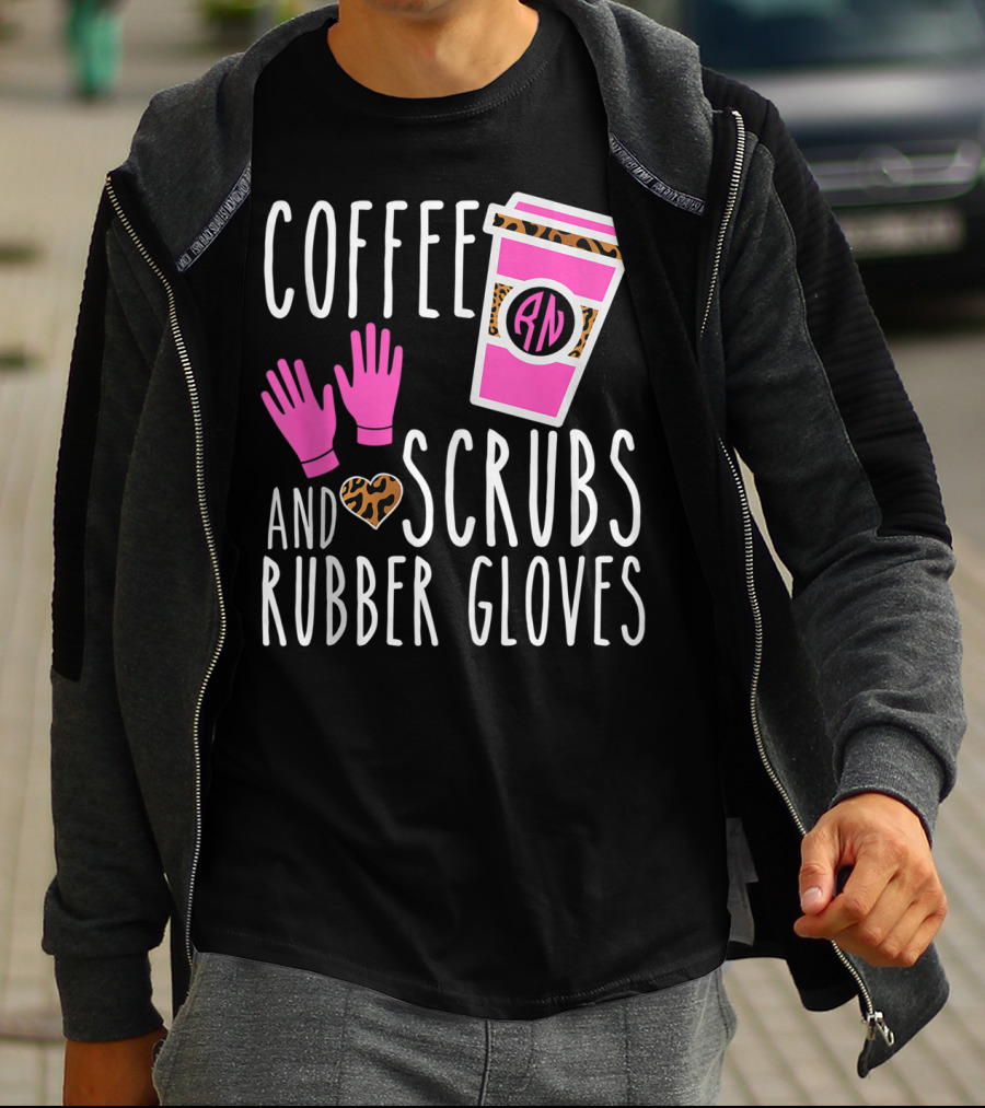 Coffee Scrubs And Rubber Gloves RN Pink Leopard Heart Nursing T-Shirt