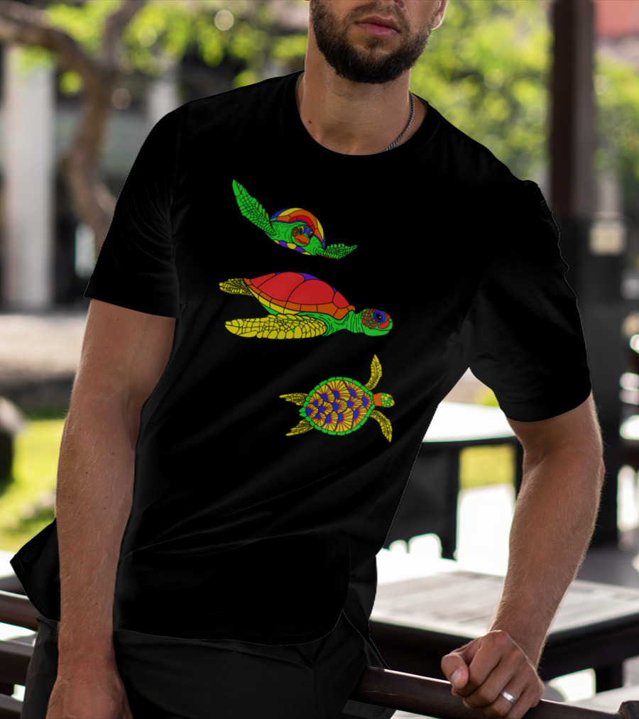 Colorful Swimming Sea Turtle Shell Artful Display T-Shirt