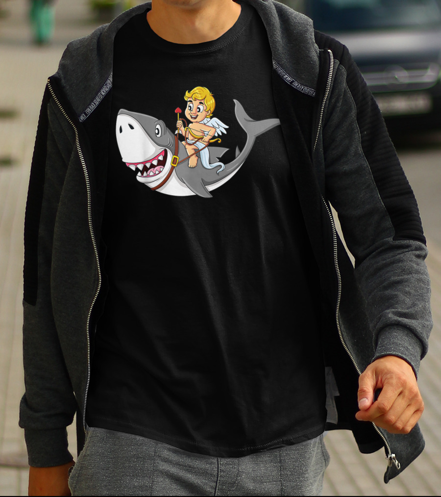 Cupid Riding Shark Valentines Day Iconic Funny Cartoon T-Shirt