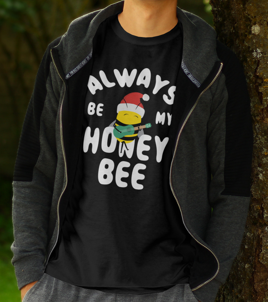 Always Be My Honey Bee Christmas Bee With Santa Hat And Guitar T-Shirt