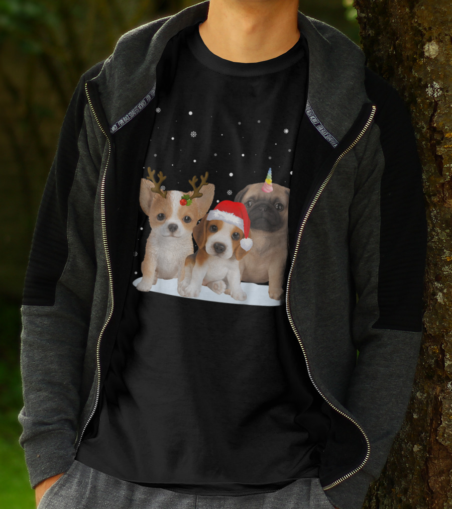 Cute Dogs Reindeer Horns Santa Hat Unicorn Snowflakes T-Shirt