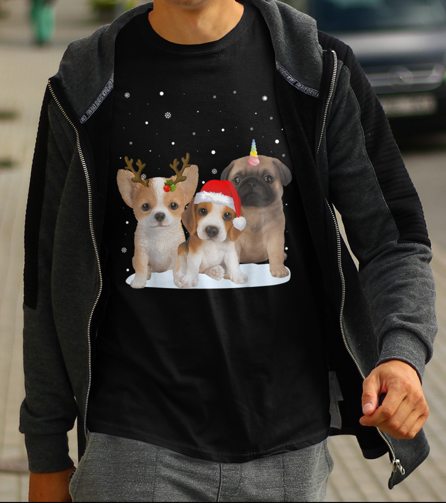 Cute Dogs Reindeer Horns Santa Hat Unicorn Snowflakes T-Shirt