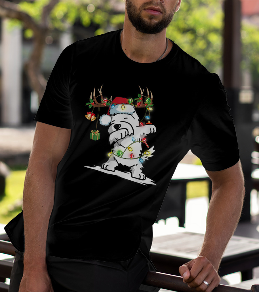 Dabbing Westie Dog Reindeer Lights Santa Hat Christmas Gifts T-Shirt