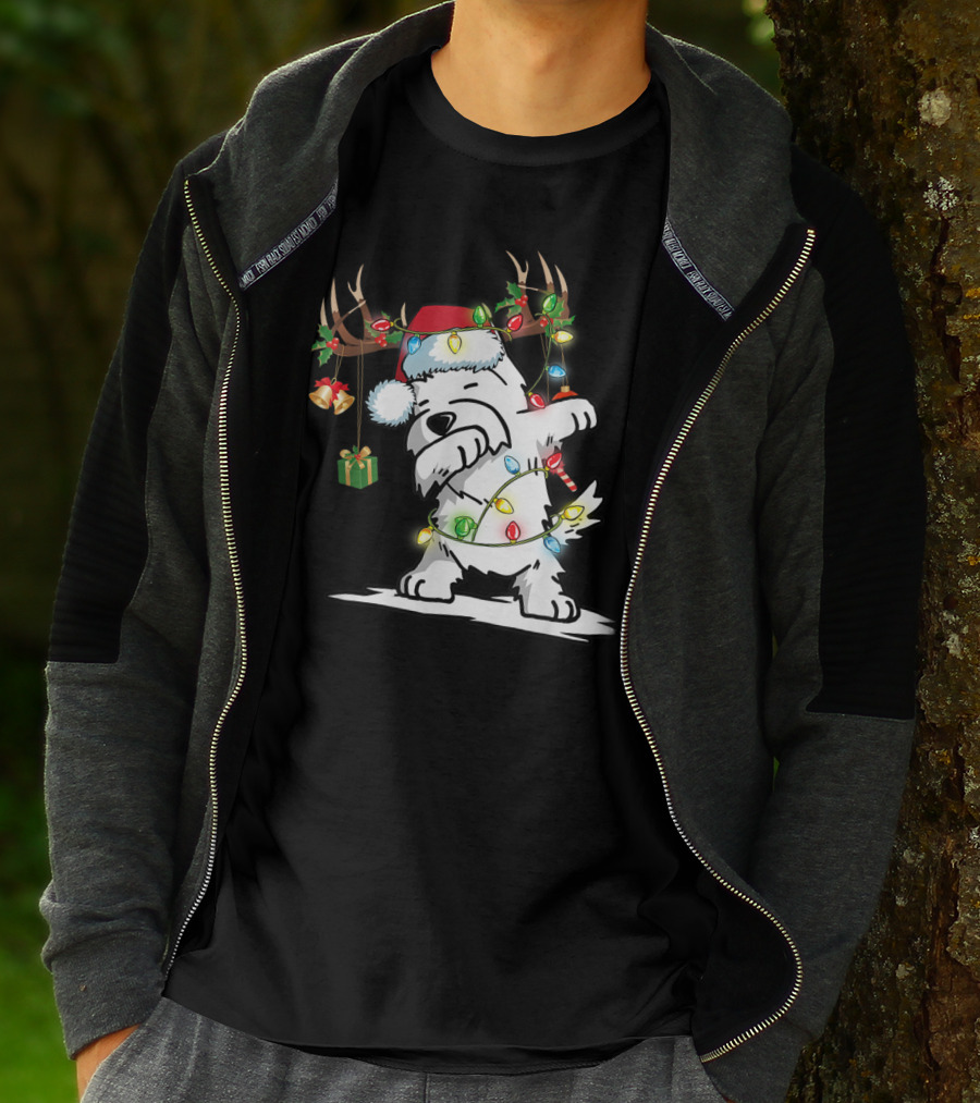 Dabbing Westie Dog Reindeer Lights Santa Hat Christmas Gifts T-Shirt