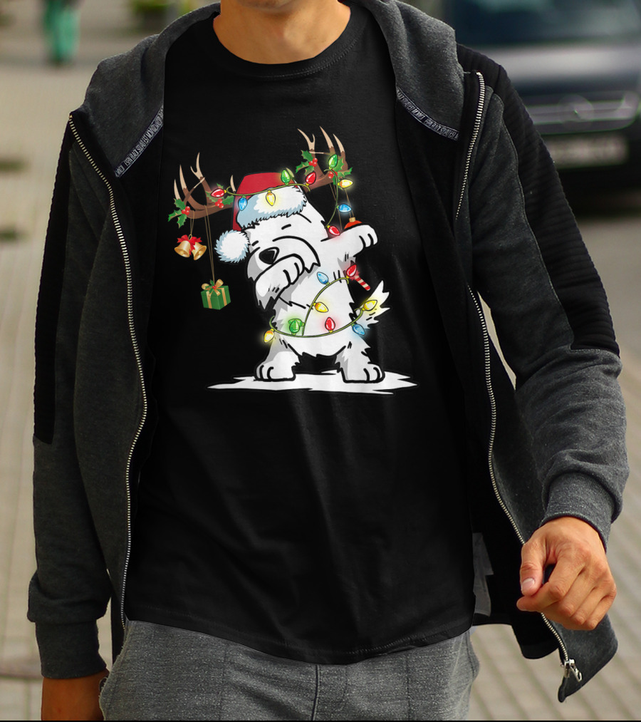 Dabbing Westie Dog Reindeer Lights Santa Hat Christmas Gifts T-Shirt