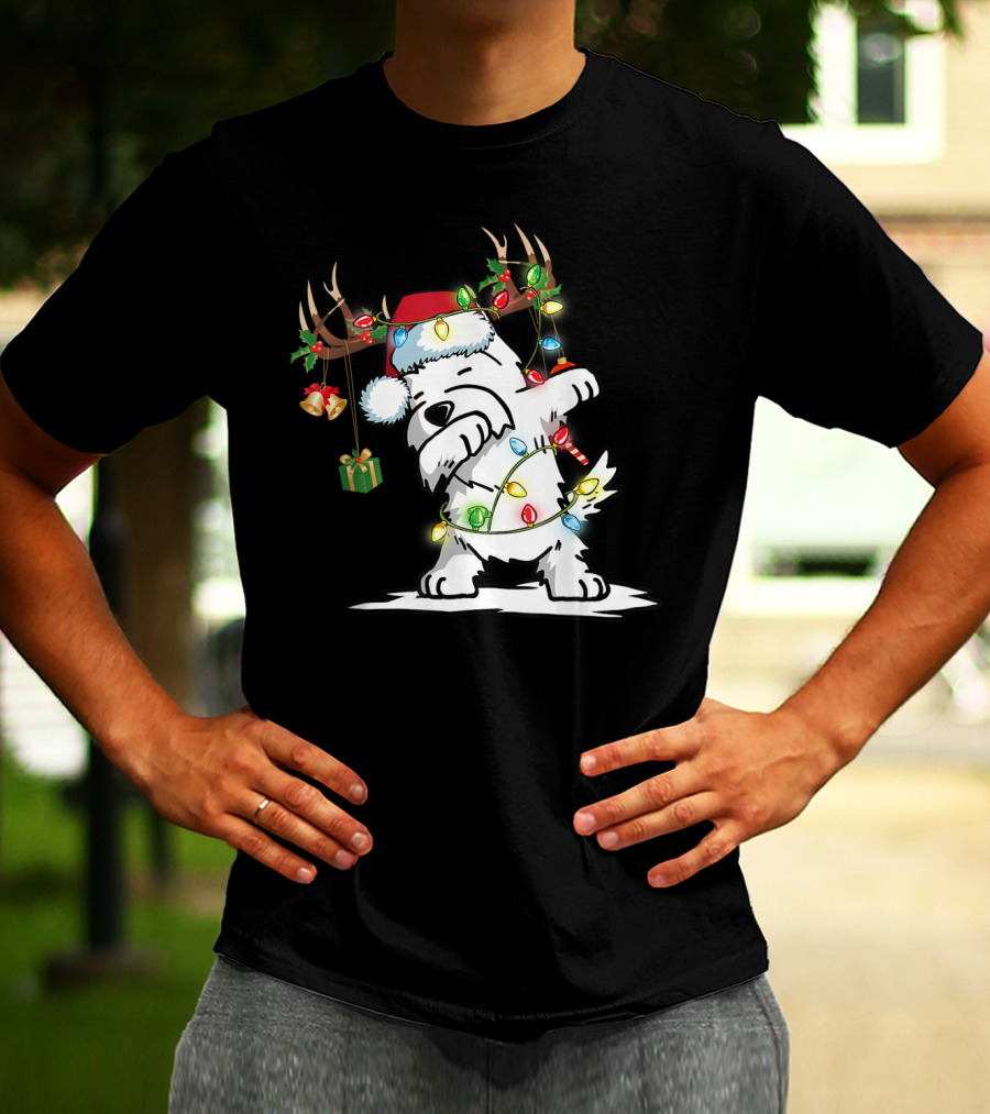 Dabbing Westie Dog Reindeer Lights Santa Hat Christmas Gifts T-Shirt