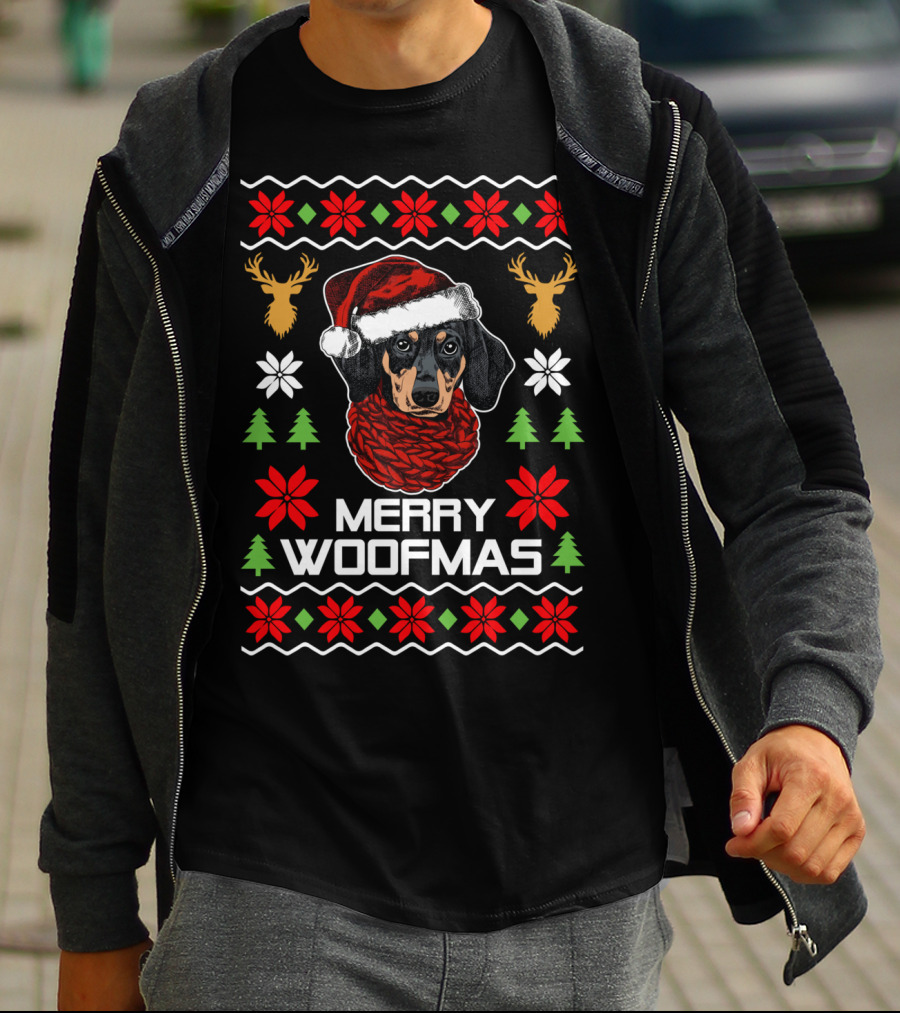 Merry Woofmas Dachshund Santa Hat Christmas Reindeer Snowflakes Trees T-Shirt