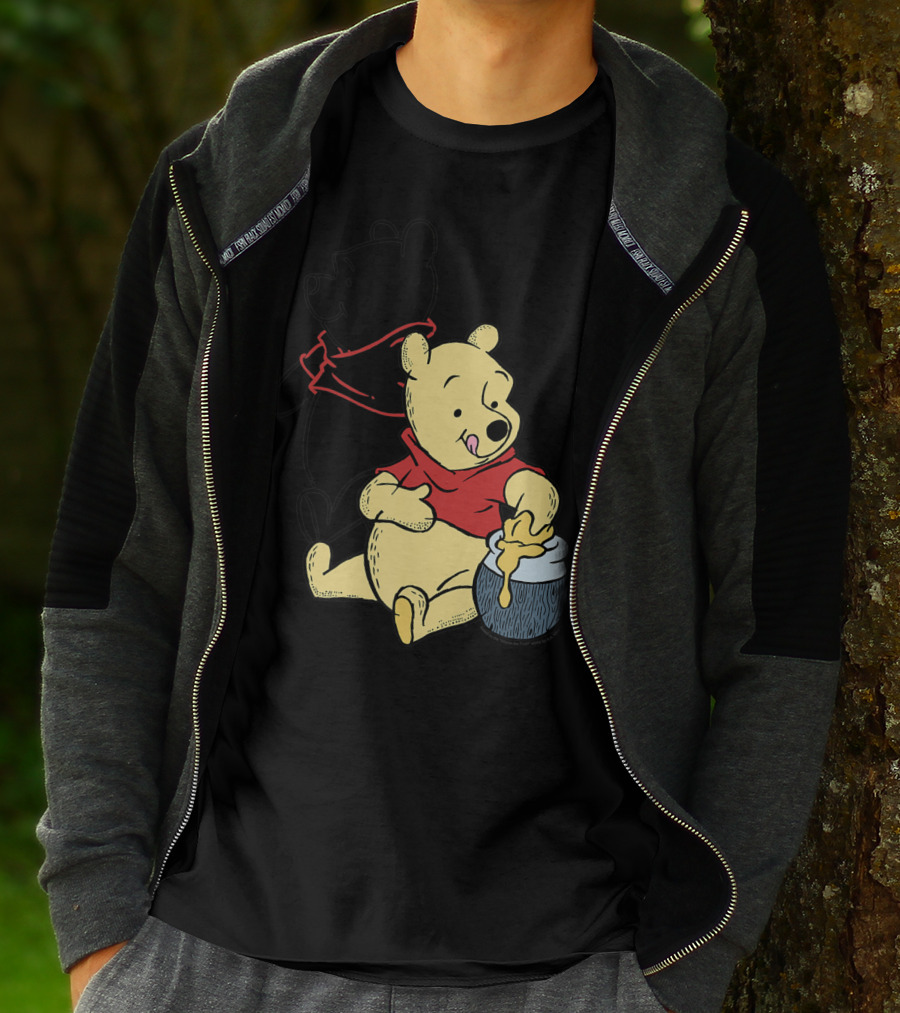 Disney Winnie The Pooh Outline And Colored Character Sitting With Honey Jar T-Shirt