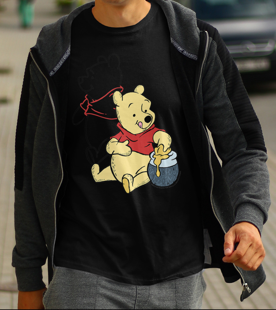 Disney Winnie The Pooh Outline And Colored Character Sitting With Honey Jar T-Shirt