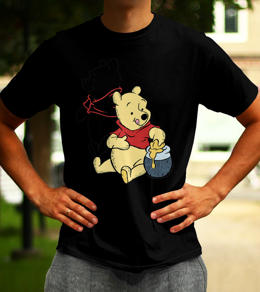 Disney Winnie The Pooh Outline And Colored Character Sitting With Honey Jar T-Shirt