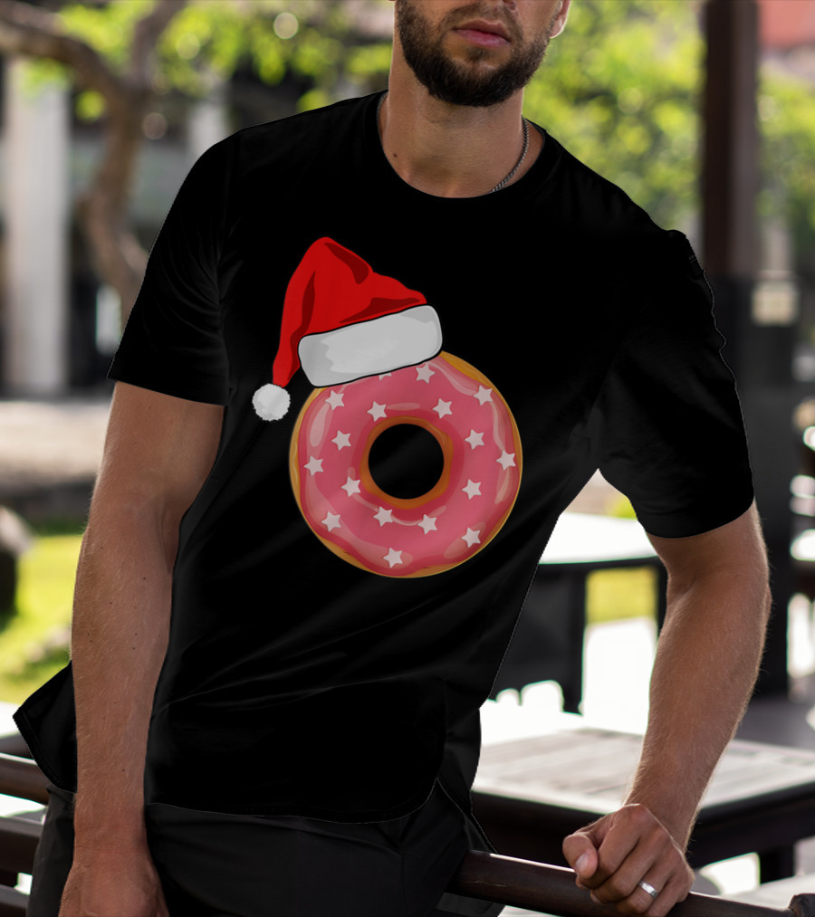 Santa Hat On Pink Strawberry Donut With Stars T-Shirt