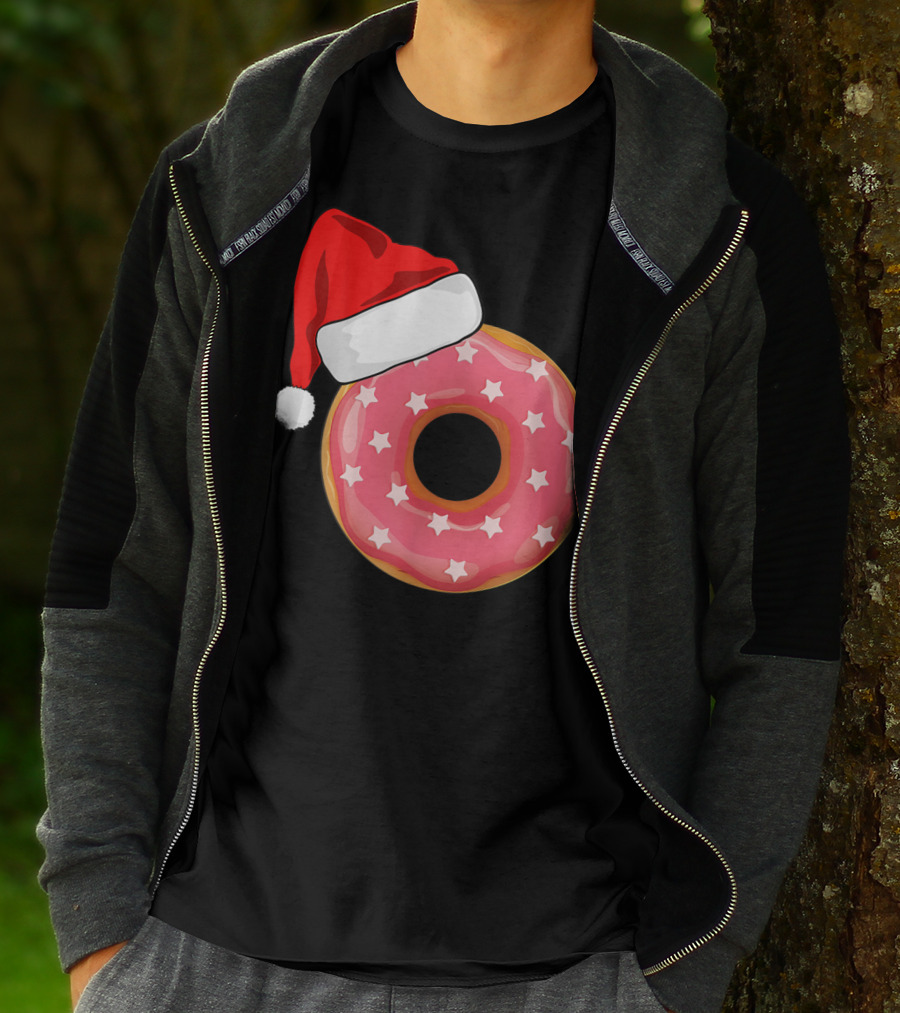 Santa Hat On Pink Strawberry Donut With Stars T-Shirt