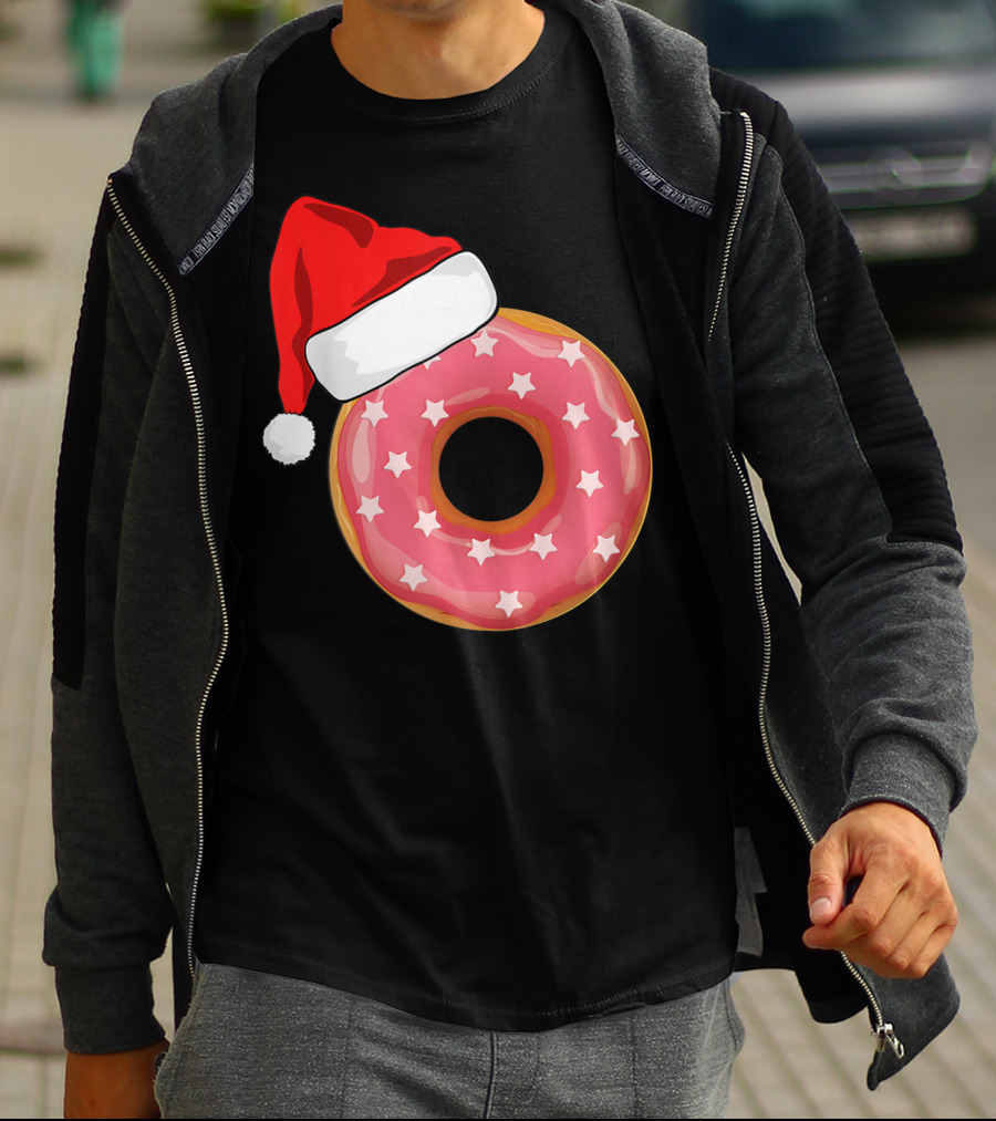 Santa Hat On Pink Strawberry Donut With Stars T-Shirt